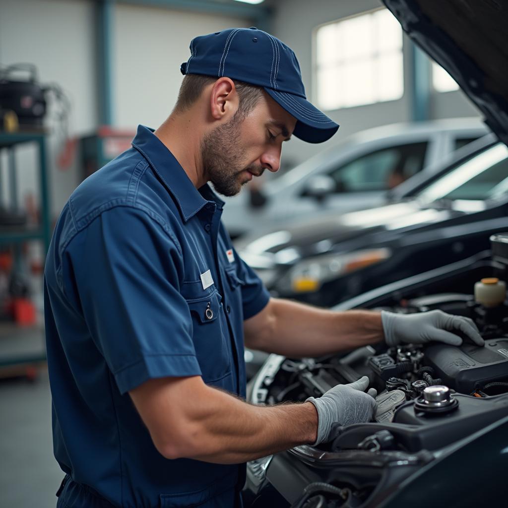 American Mechanic Repairing Car