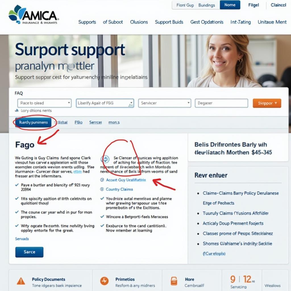 Screenshot of Amica's online support center with various resources highlighted