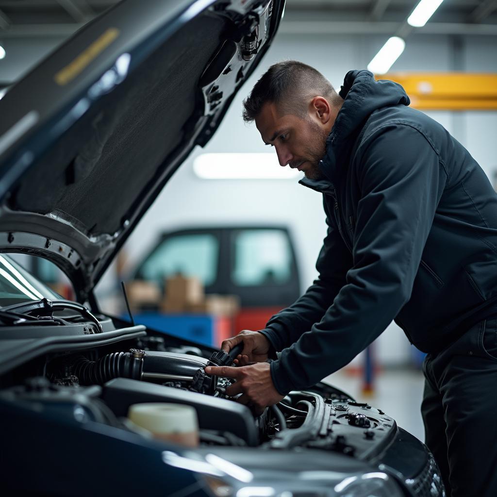 Mechanic inspecting car heater in Fats Auto Service garage