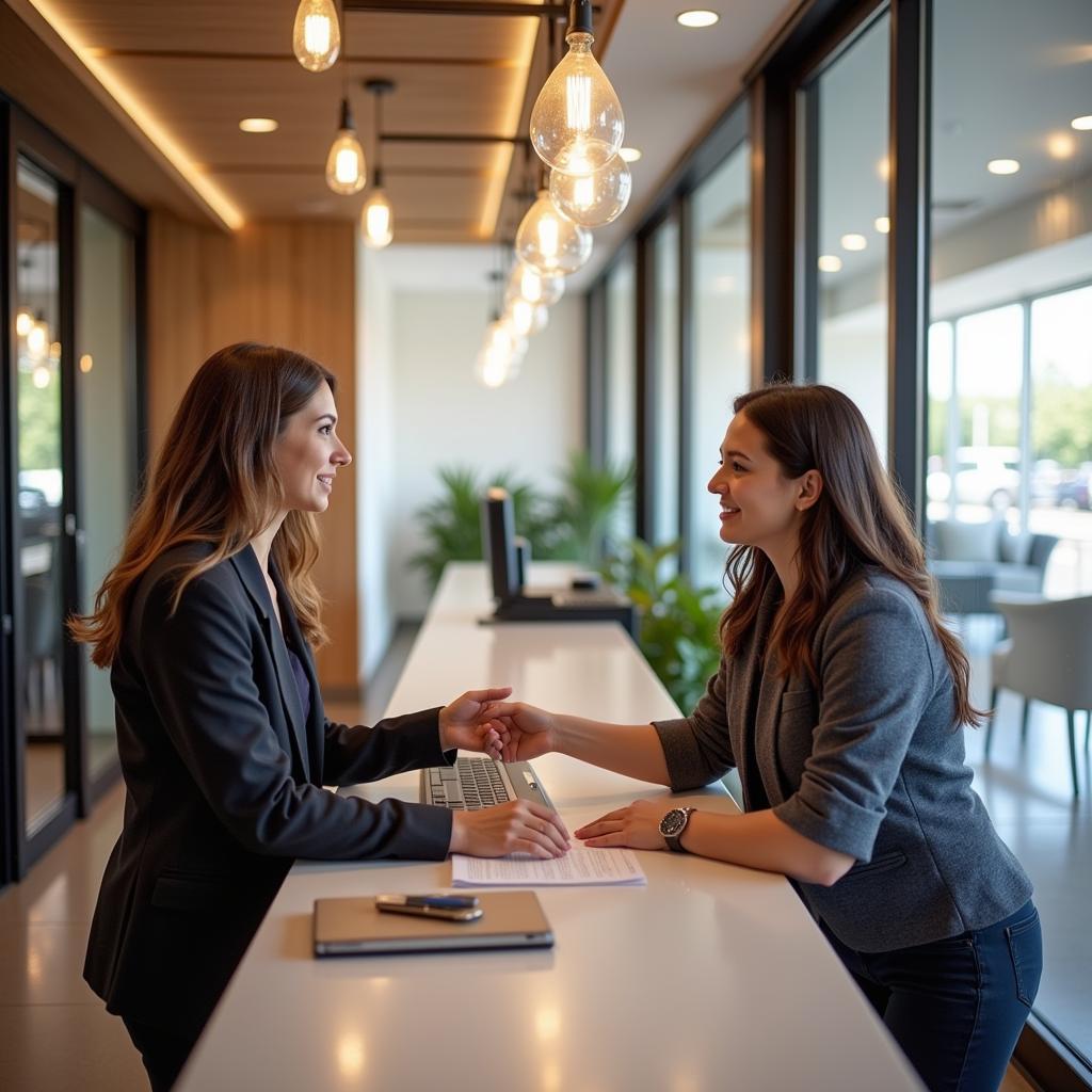 Friendly and professional customer service representative assisting a customer at And Auto Services S.R.L.