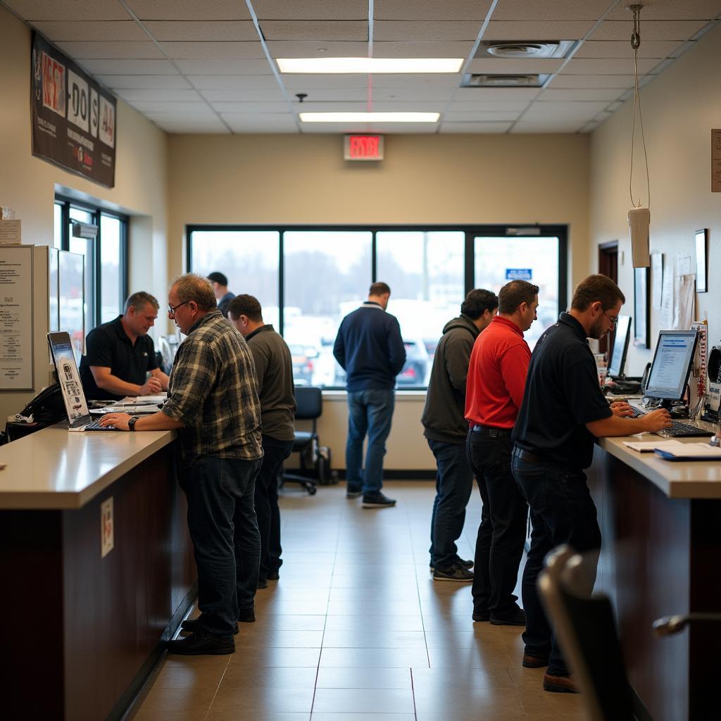 Busy Andalusia auto tag service office interior with customers and staff