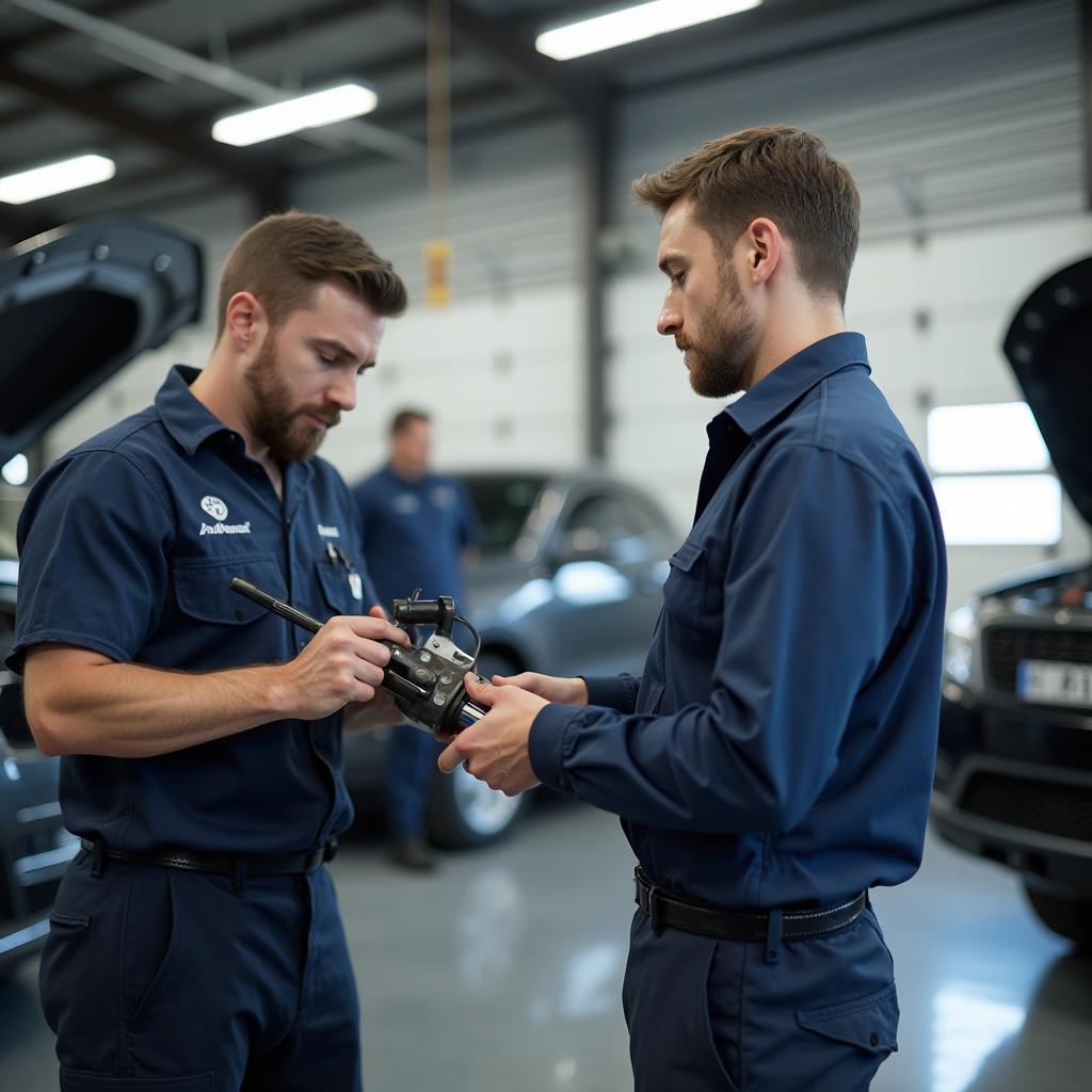 Modern auto repair garage with mechanics working on a car