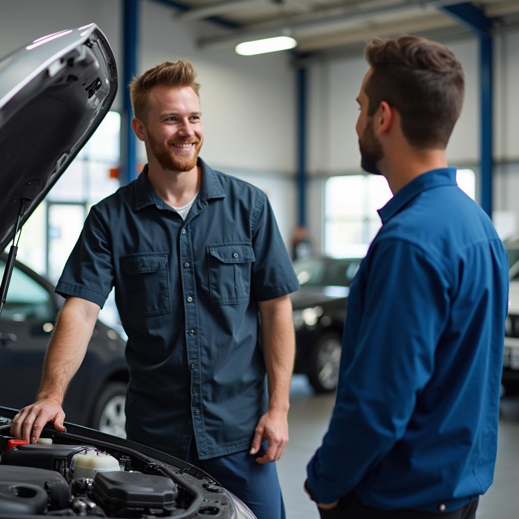 Experienced mechanic explaining car repair details to a customer