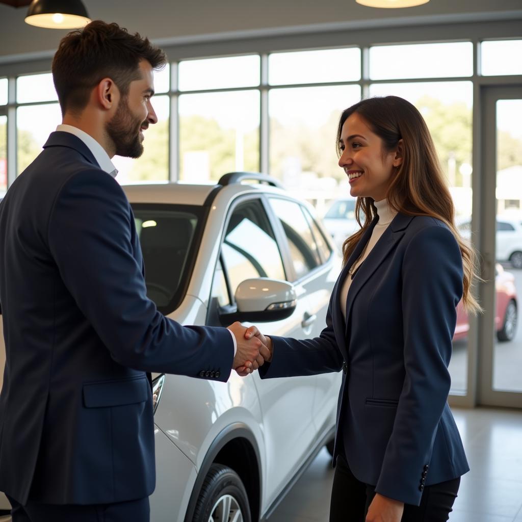 A happy customer shaking hands with an Anthony Auto Sales representative and receiving their car keys