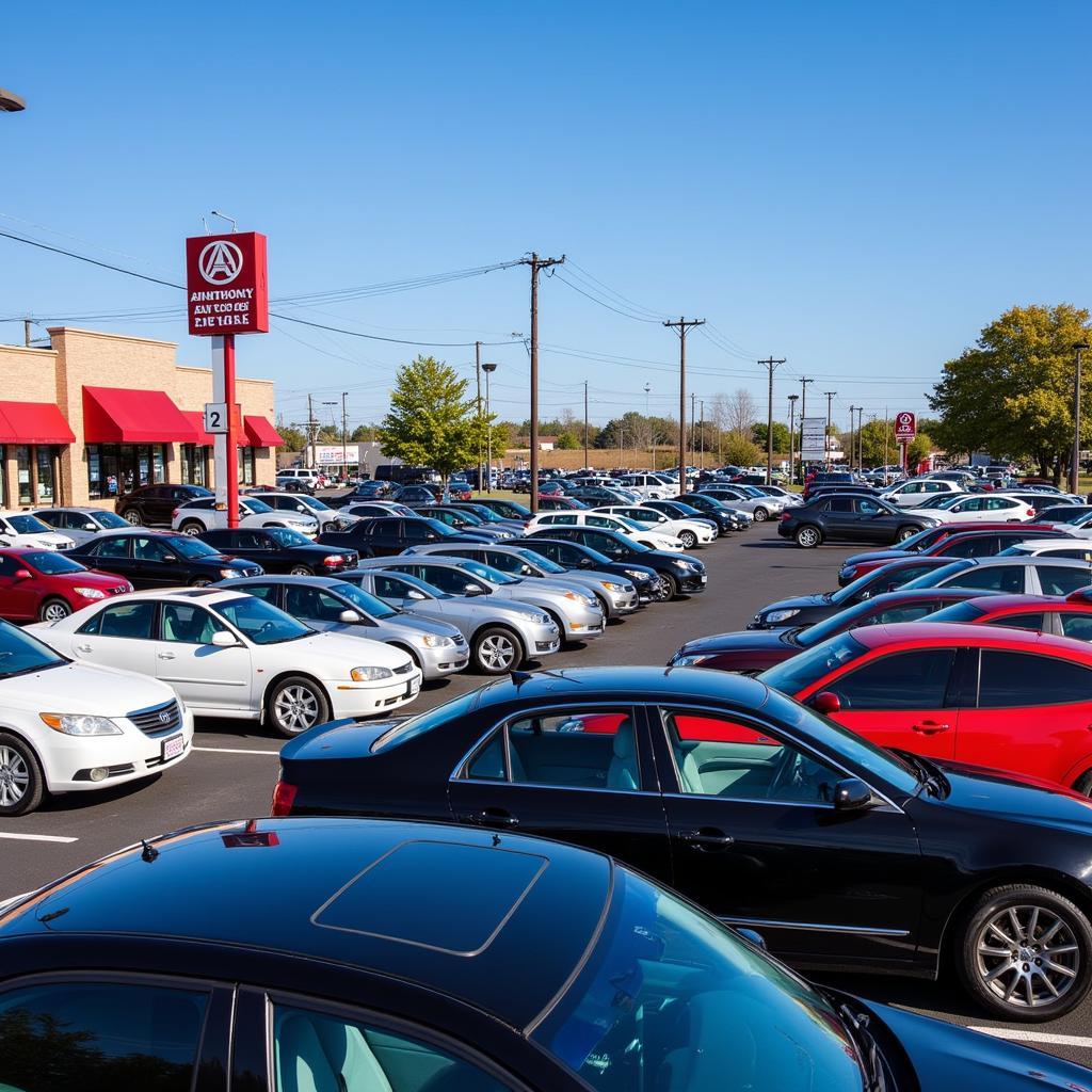 Wide shot of Anthony Auto Sales used car lot in Thomson