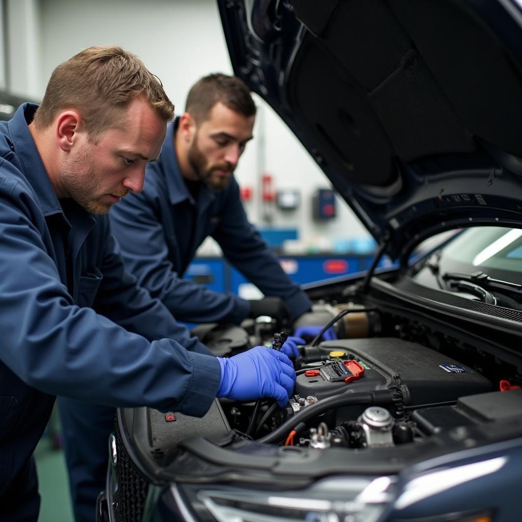 Experienced technicians working on a car engine