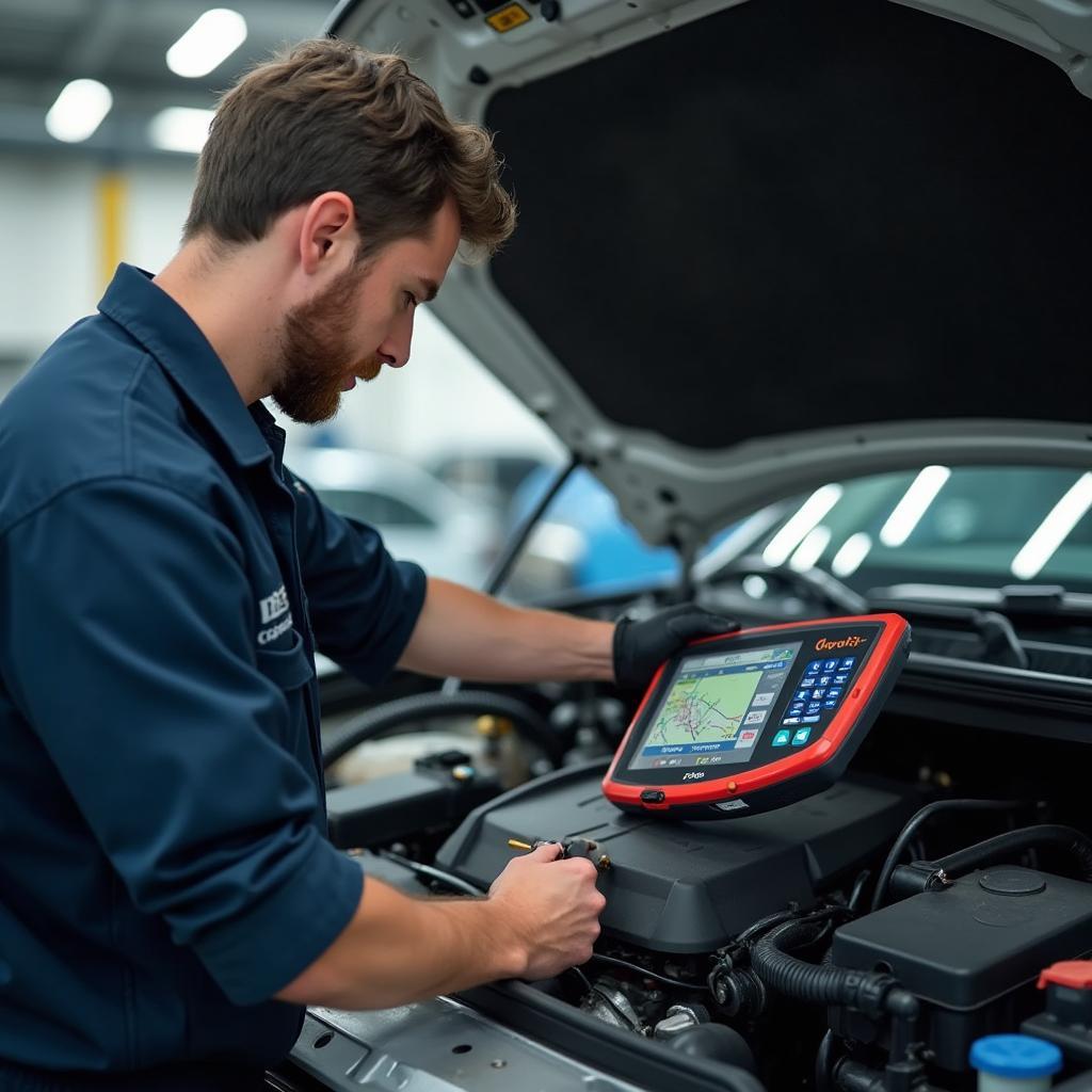 Antigo auto mechanic using a diagnostic tool on a car