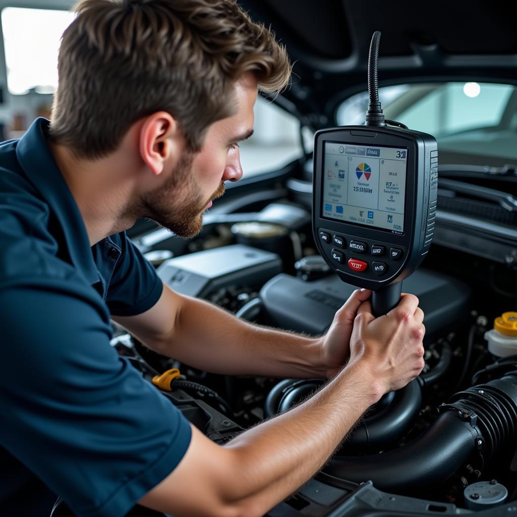 Skilled mechanic in Antioch using diagnostic equipment on a car engine 