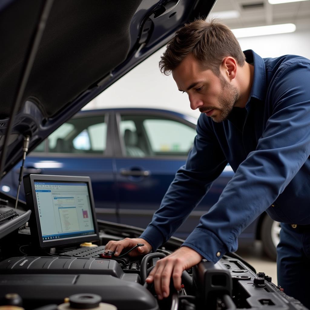 Antonio's Auto Service Technician Performing Engine Diagnostics