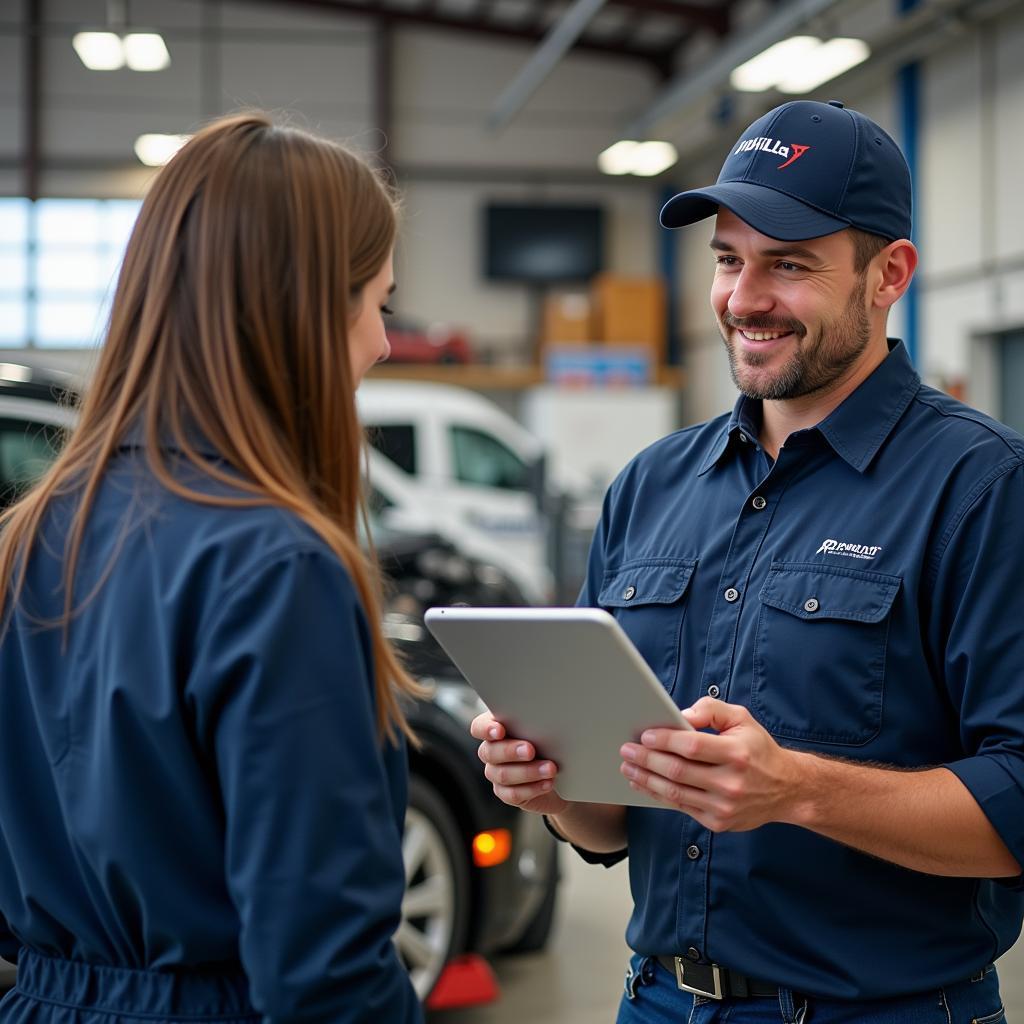 Apollo auto service technician explaining car repair to a customer