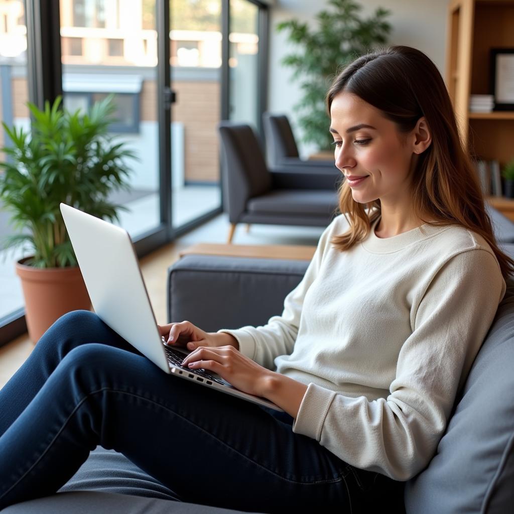 Woman booking car service on laptop