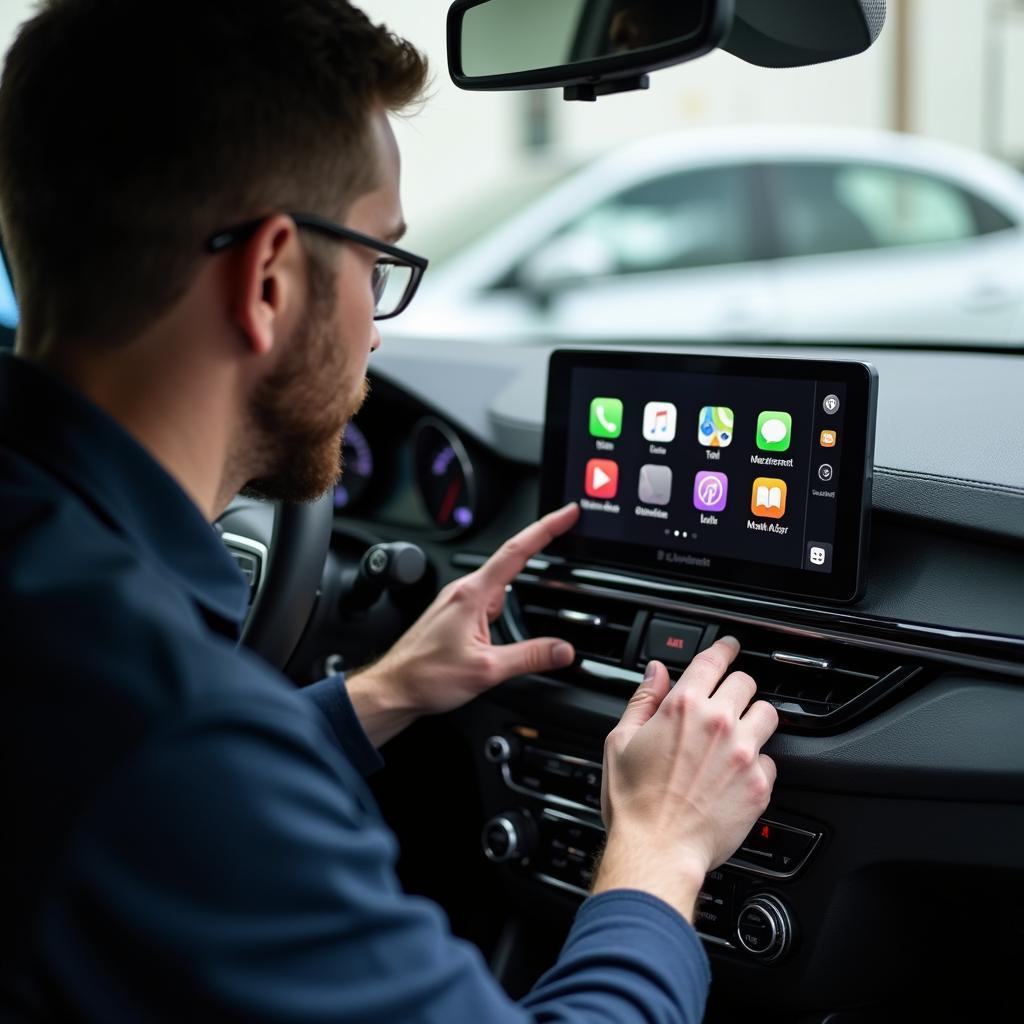 Apple Certified technician repairing a car's infotainment system