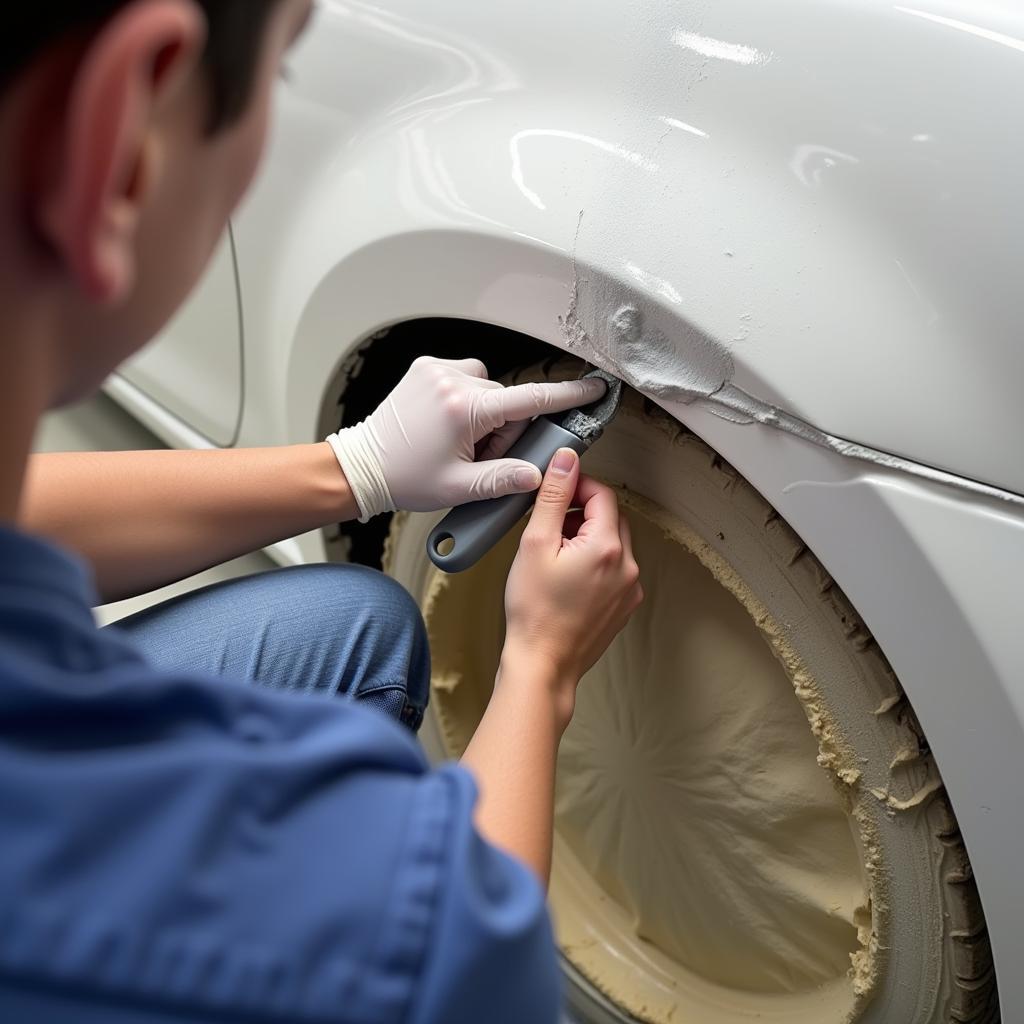 Applying Body Filler to a Damaged Car Fender