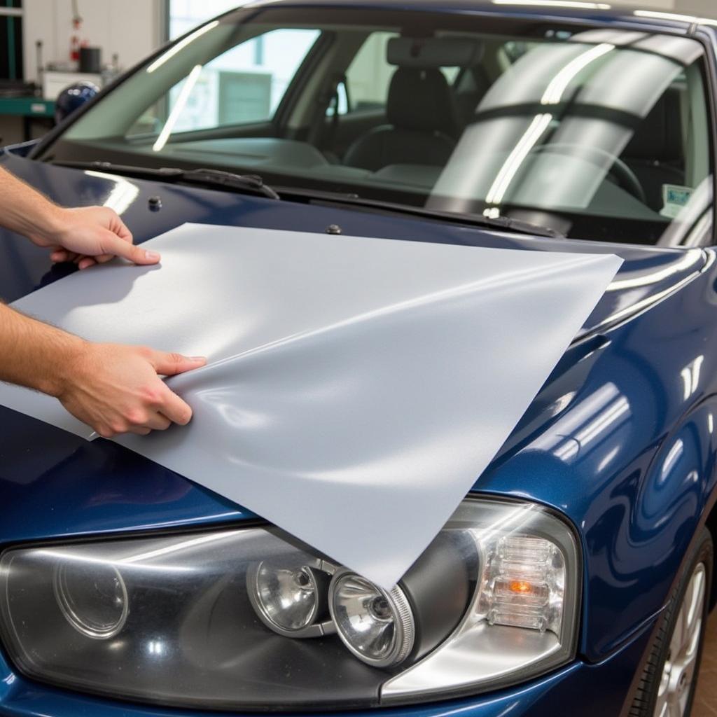 Applying paint protection film to a car hood.