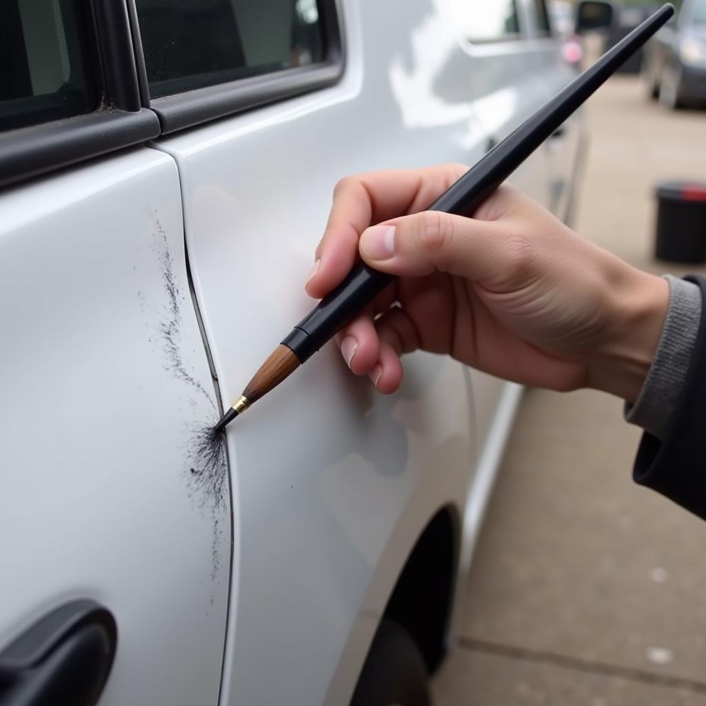 Applying touch-up paint to a deep car scratch.