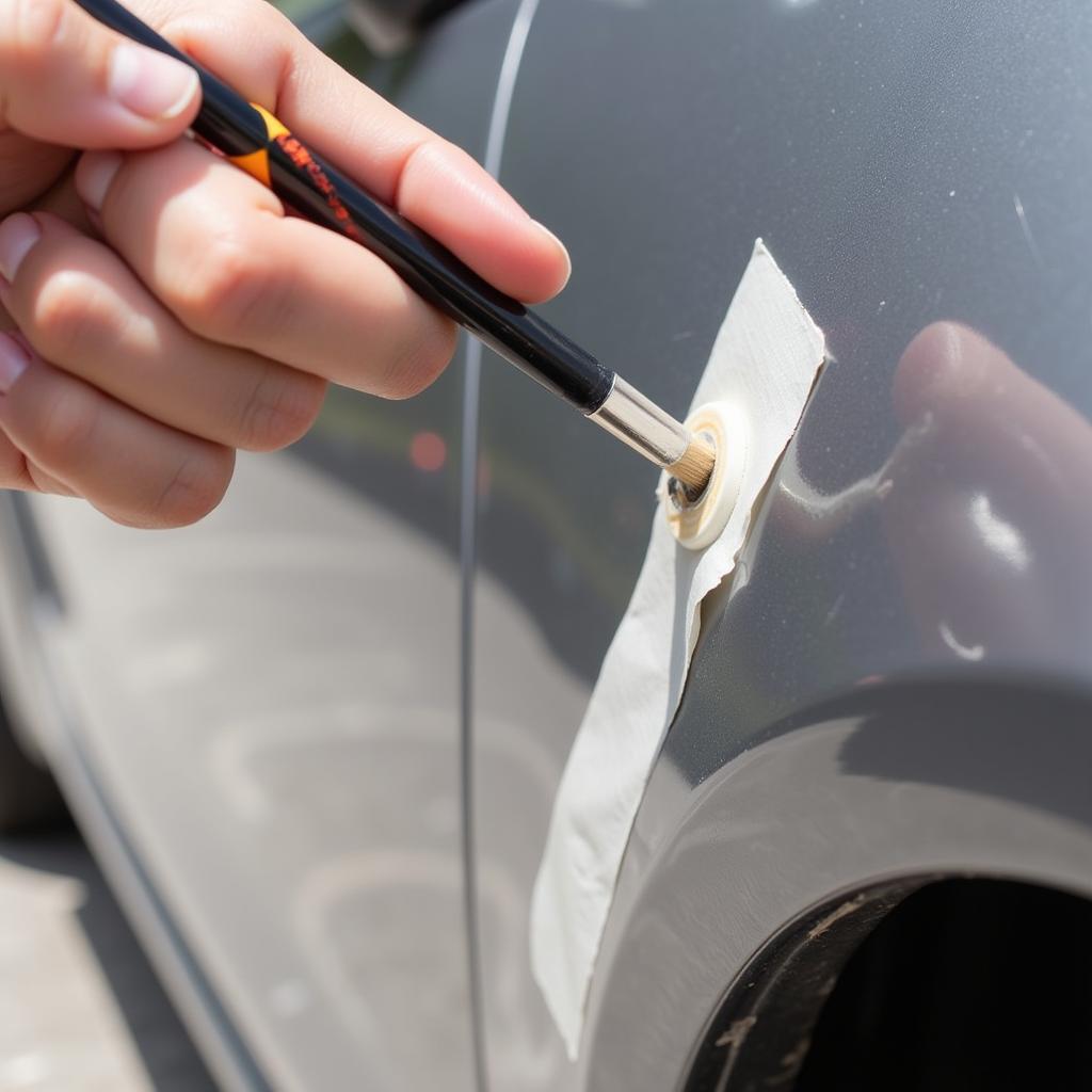 Applying touch-up paint to a small stone chip on a car's paint.