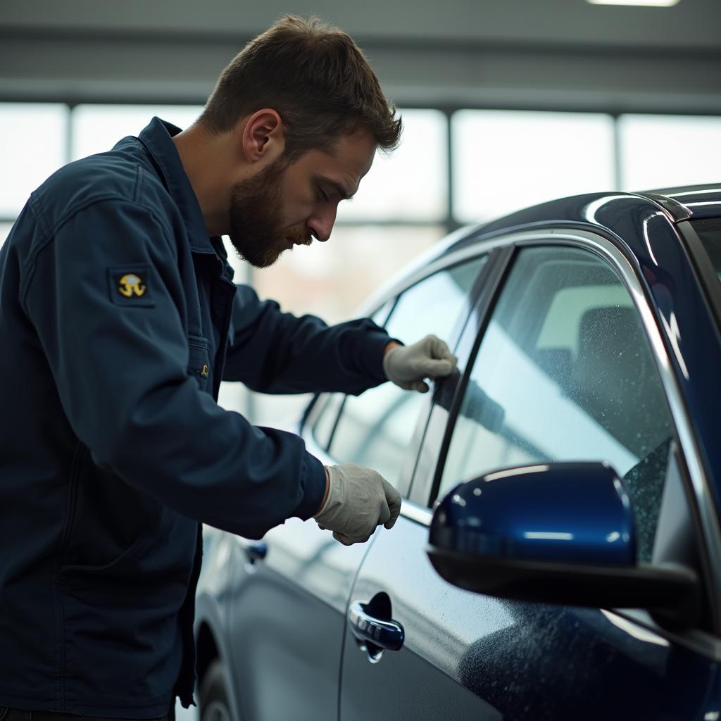 Close-up of a technician meticulously applying window tint film to a car window