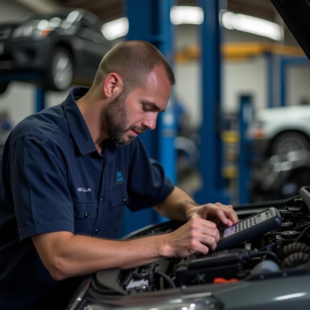 Experienced technicians at Aria Auto Service performing diagnostics and repairs on a vehicle.