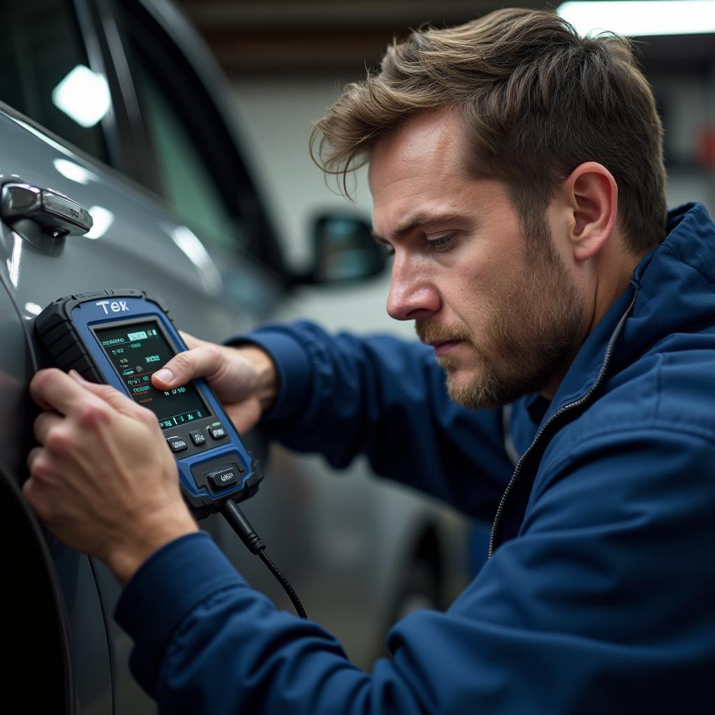 Skilled Technician Using Advanced Diagnostic Tool on a Vehicle