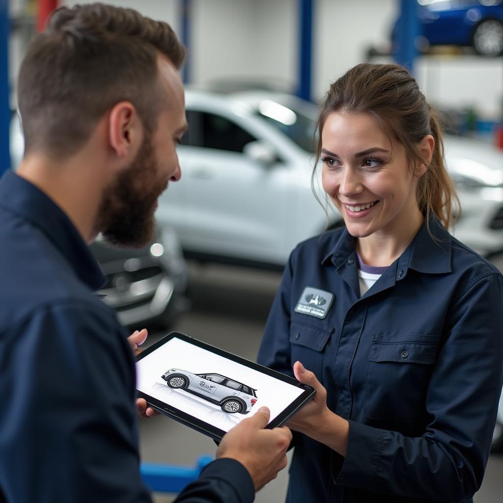 Armstrong Auto Service technician explaining car repair to a customer