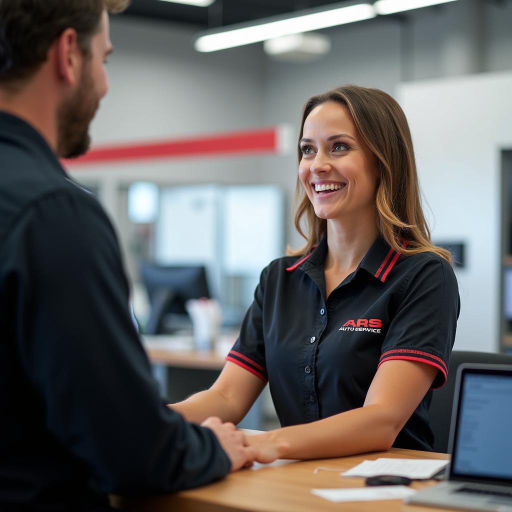 Friendly customer service representative assisting a customer at ARS Auto Service in Cheyenne, WI