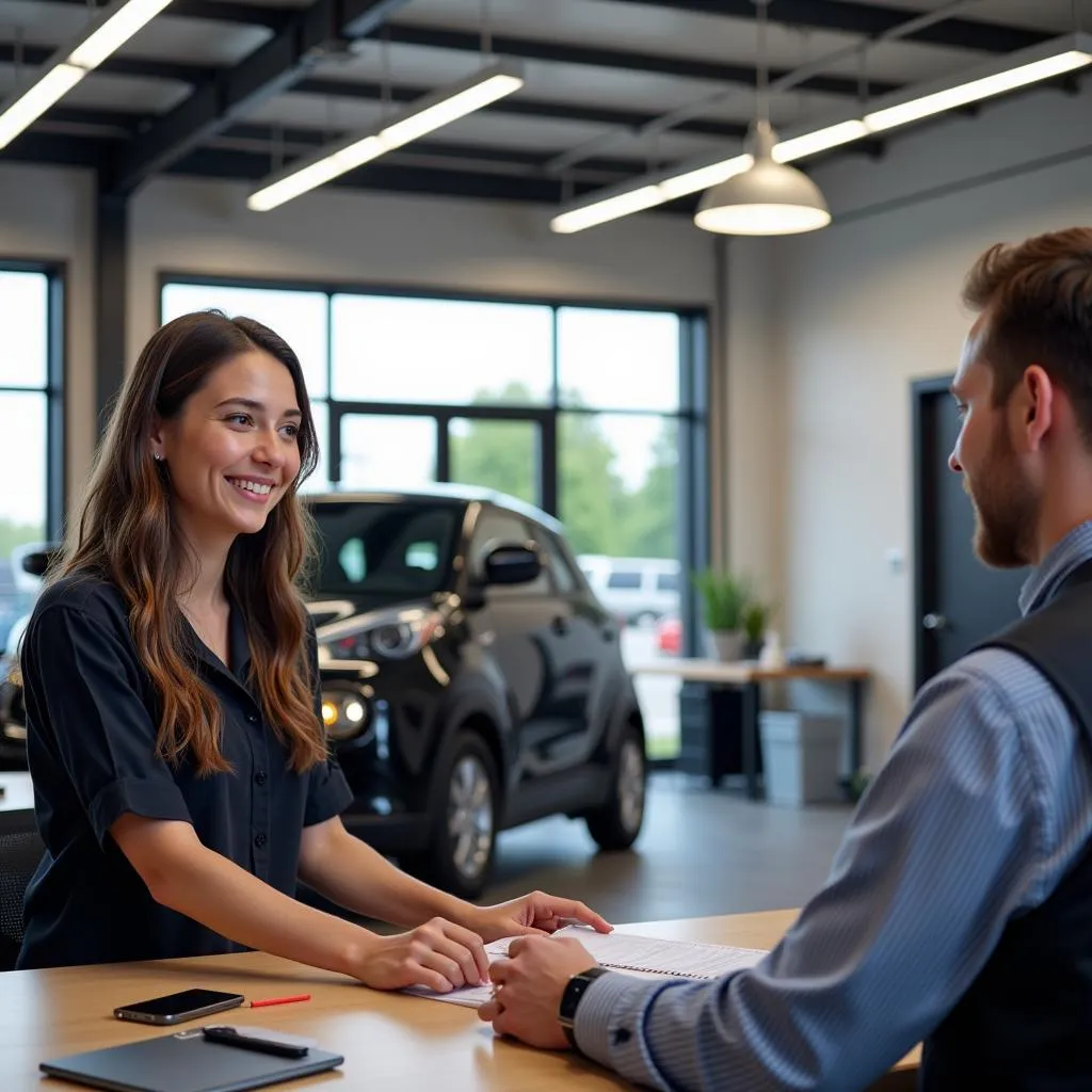 Friendly customer service representative assisting a customer at A S Auto Service