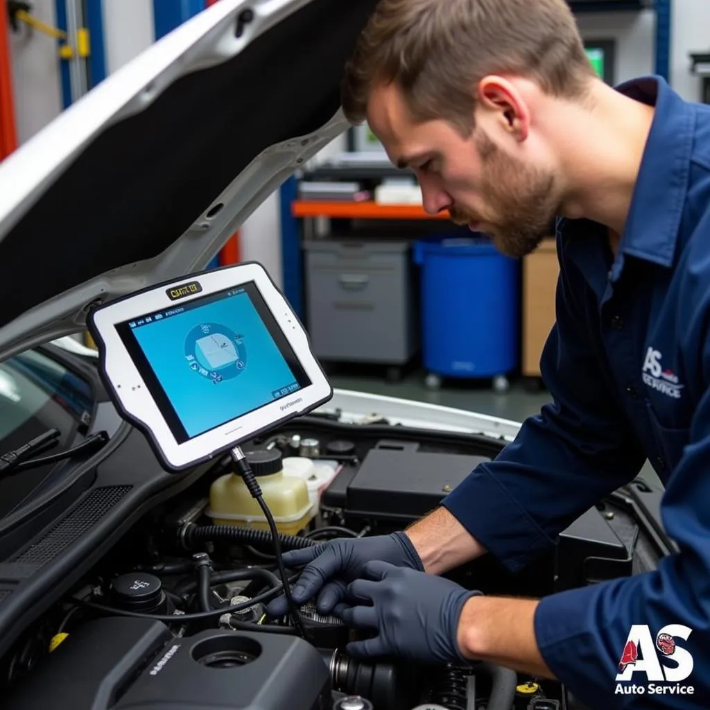 Skilled technician performing engine diagnostics at A S Auto Service