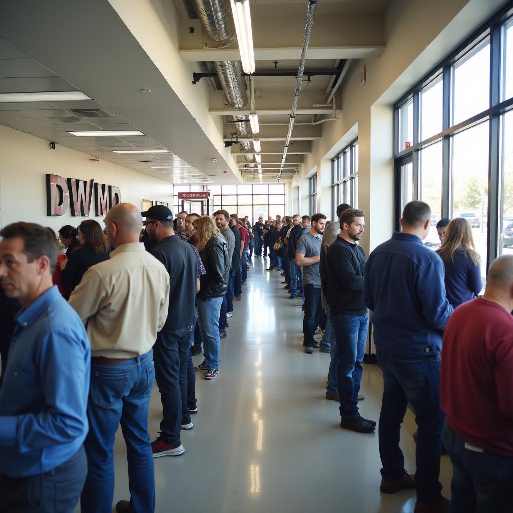 Busy DMV service center with long lines.