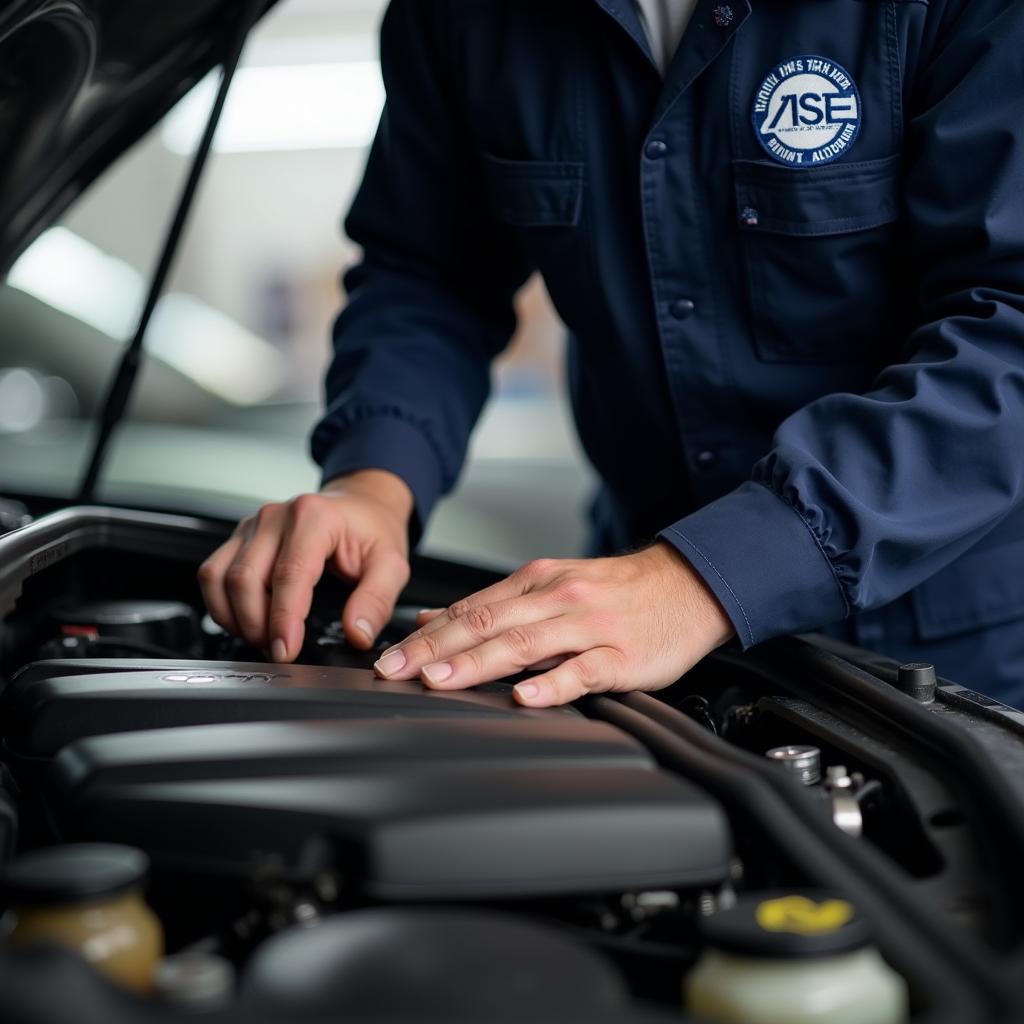 ASE certified auto mechanic working under the hood of a car