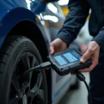 ASE Certified auto mechanic using a diagnostic tool on a car in Queens