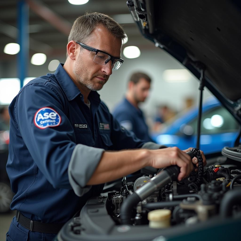 ASE certified mechanic working on a car engine