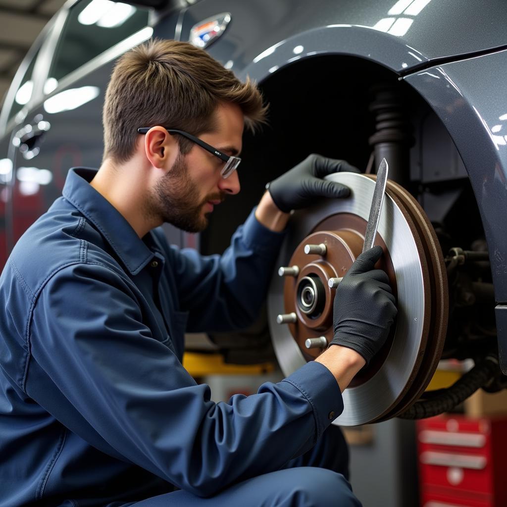 ASE Certified mechanic inspecting brake system