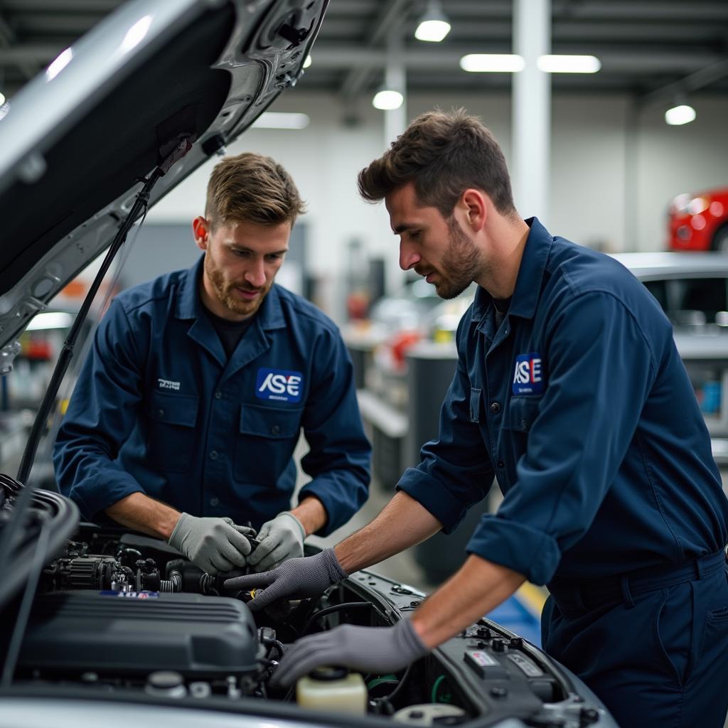 ASE Certified Mechanics Working on a Car