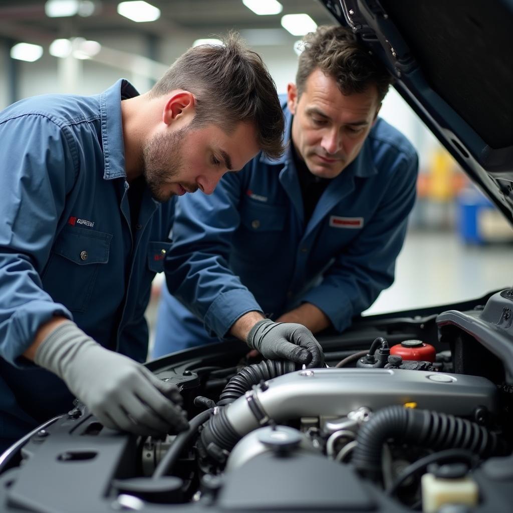 ASE certified mechanics working on a car engine