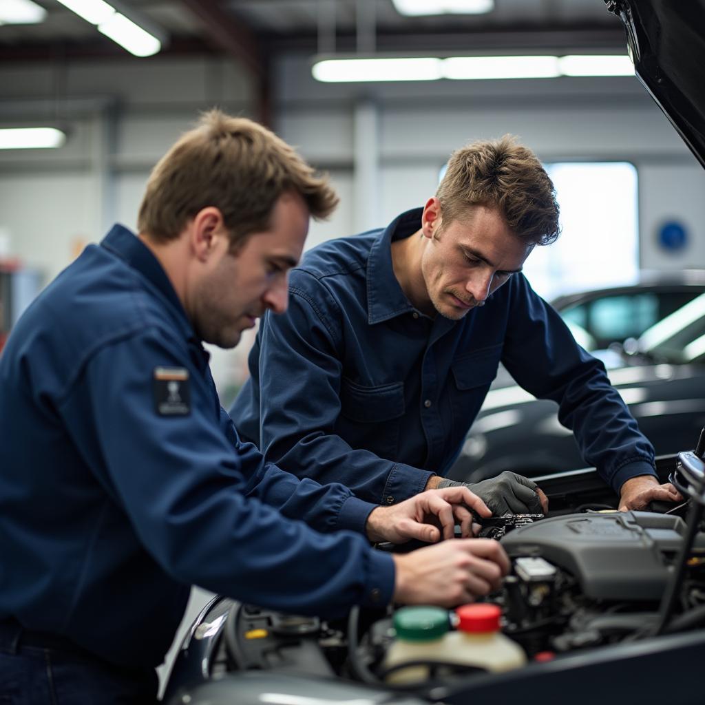 ASE certified mechanics working in a Utica auto service center.