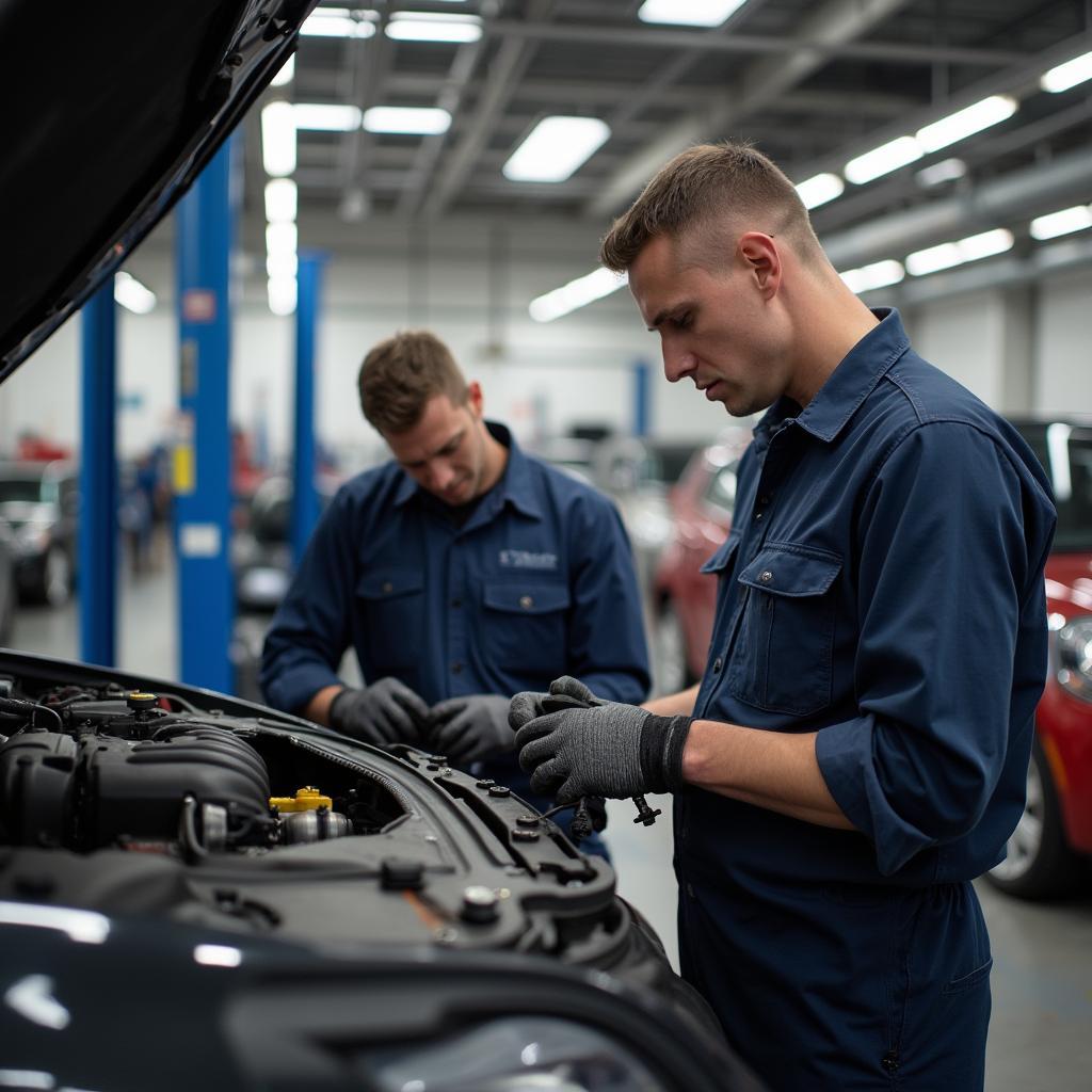 Skilled ASE-certified mechanics working on a car in a Leesburg MD auto shop.