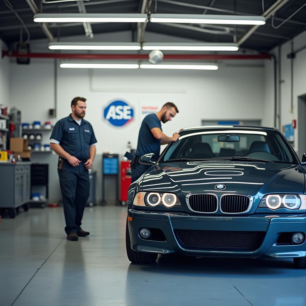 Two ASE-certified mechanics working together in a sunlit garage