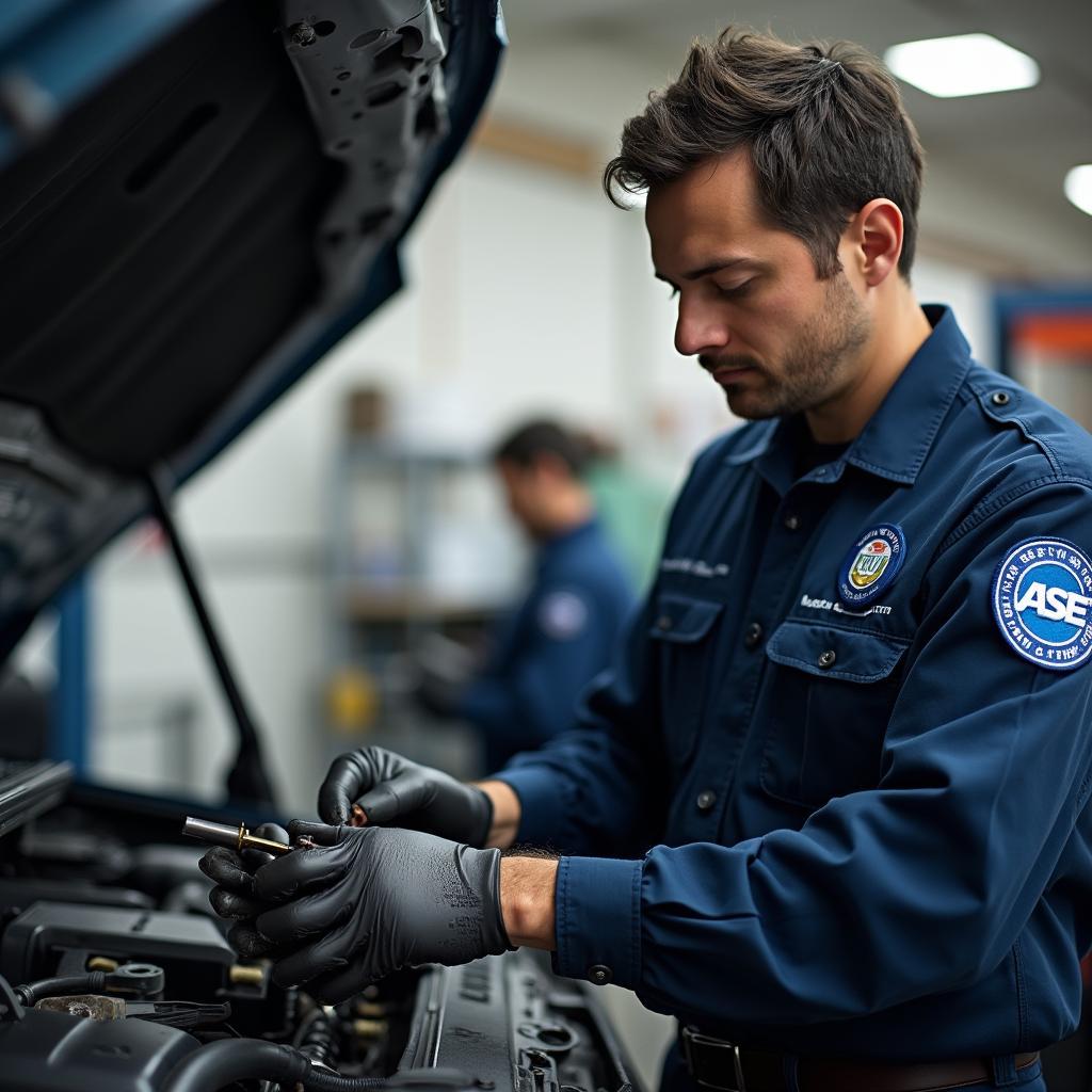 ASE Certified Technician Working on a Car Engine