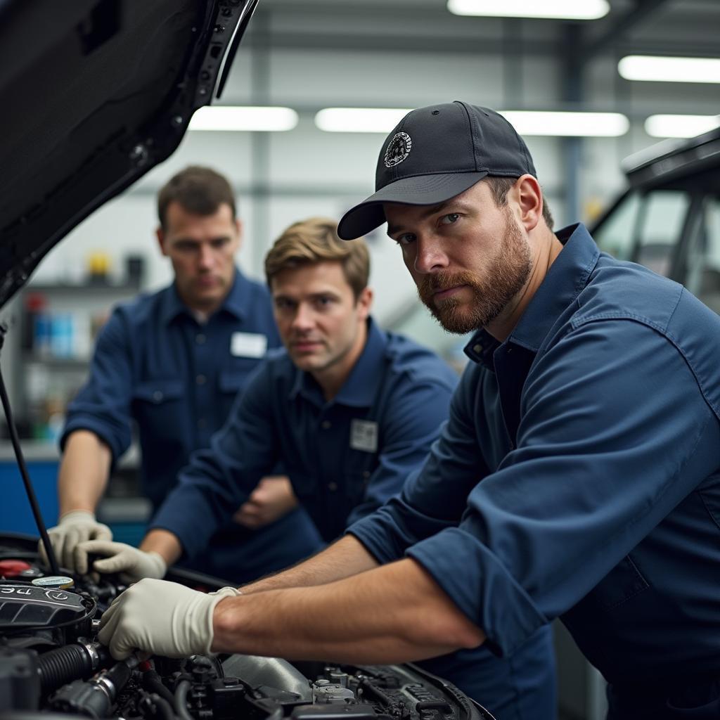 ASE-certified technicians working on a car engine in Gilbert, AZ