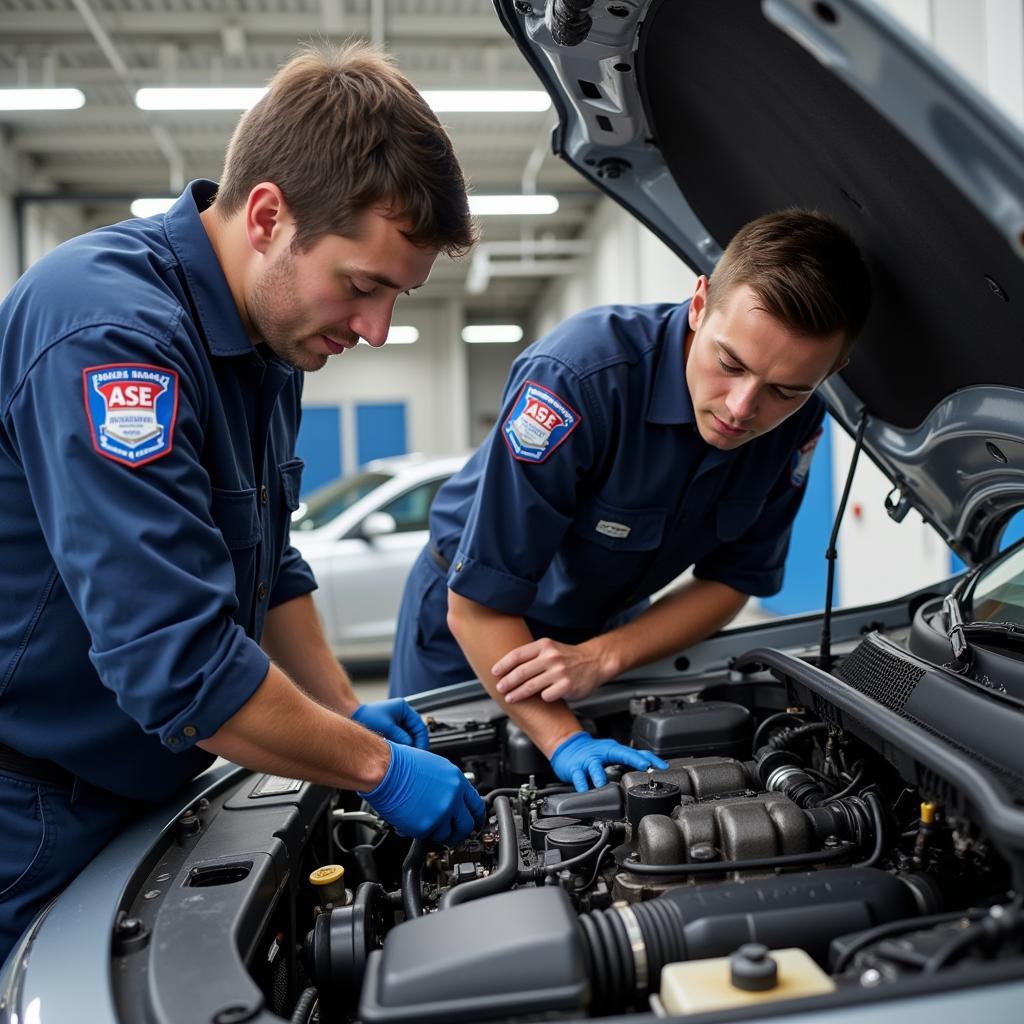 ASE Certified Technicians Working on a Car