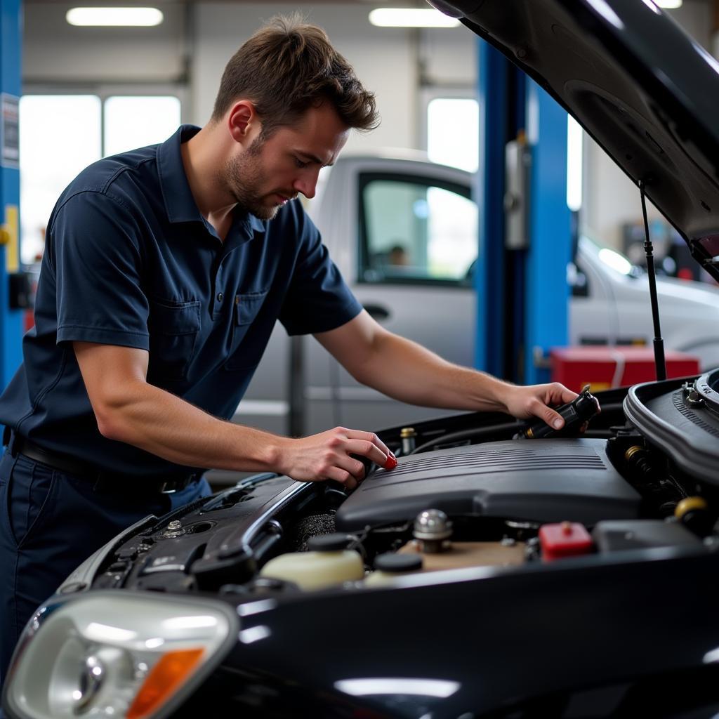 Mechanic Working on a Car in an Asheville Auto Service Shop near Chatham