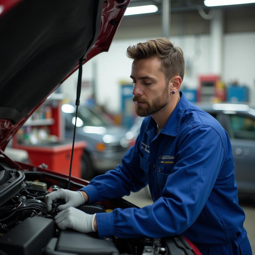 Mechanic working on a car in an Asheville auto shop