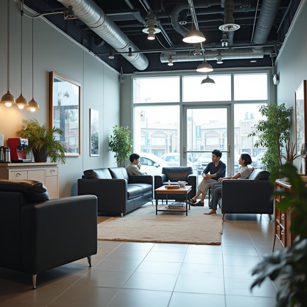 Clean and modern waiting area of an Asian auto service center