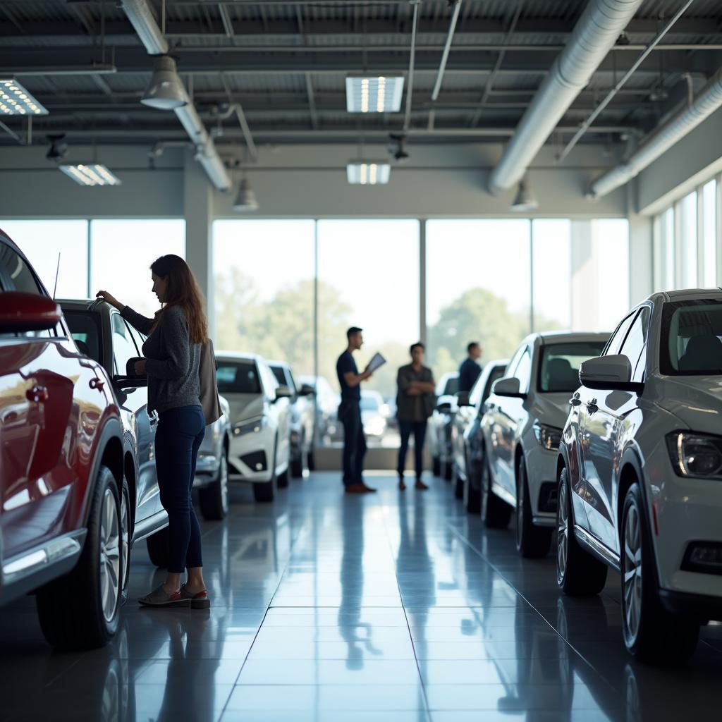 Spacious car dealership showroom with a variety of vehicles on display