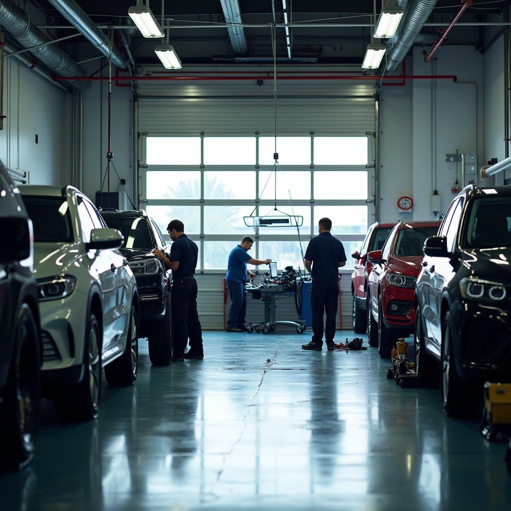 Modern auto service garage with mechanics working on vehicles