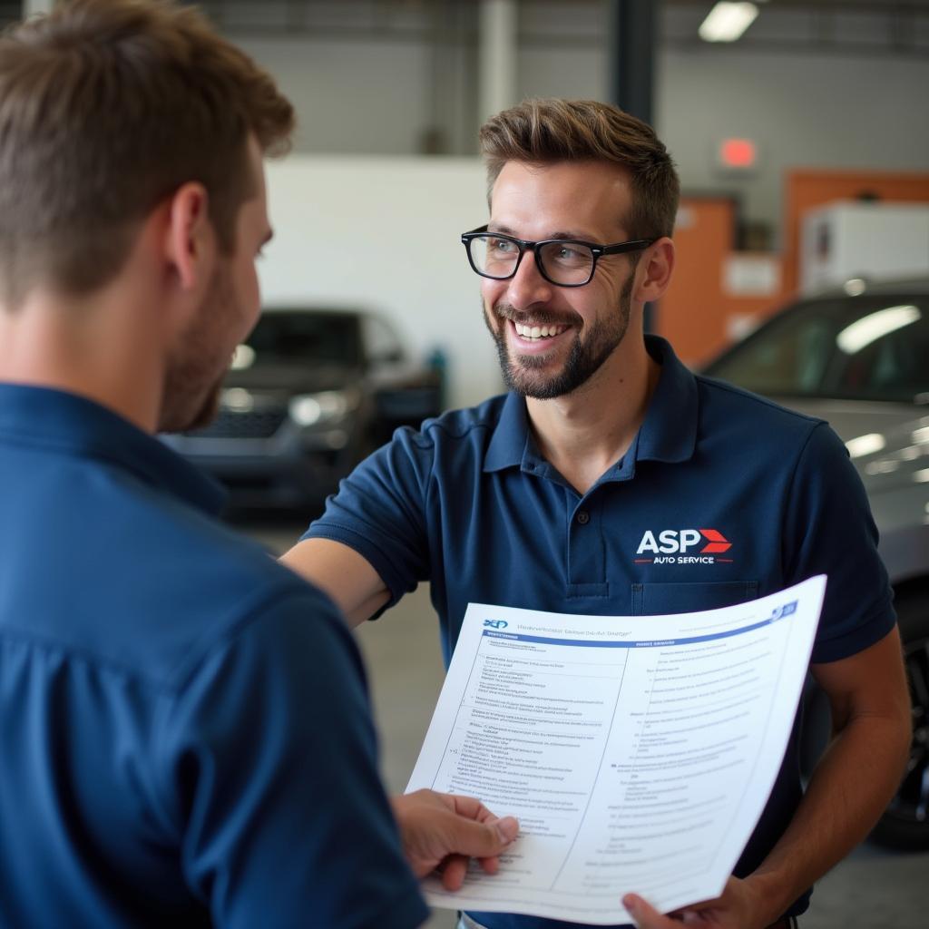 Friendly service advisor discussing car maintenance with a customer at ASP Auto Service Eltmann