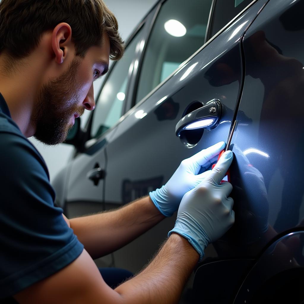 Assessing car body damage: A close-up view of a technician inspecting a dent on a car door.