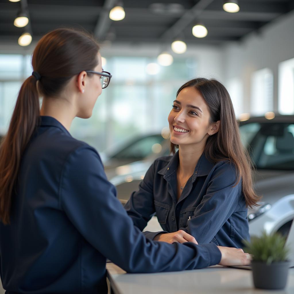 Assistant auto service advisor assisting a customer at a car dealership service counter