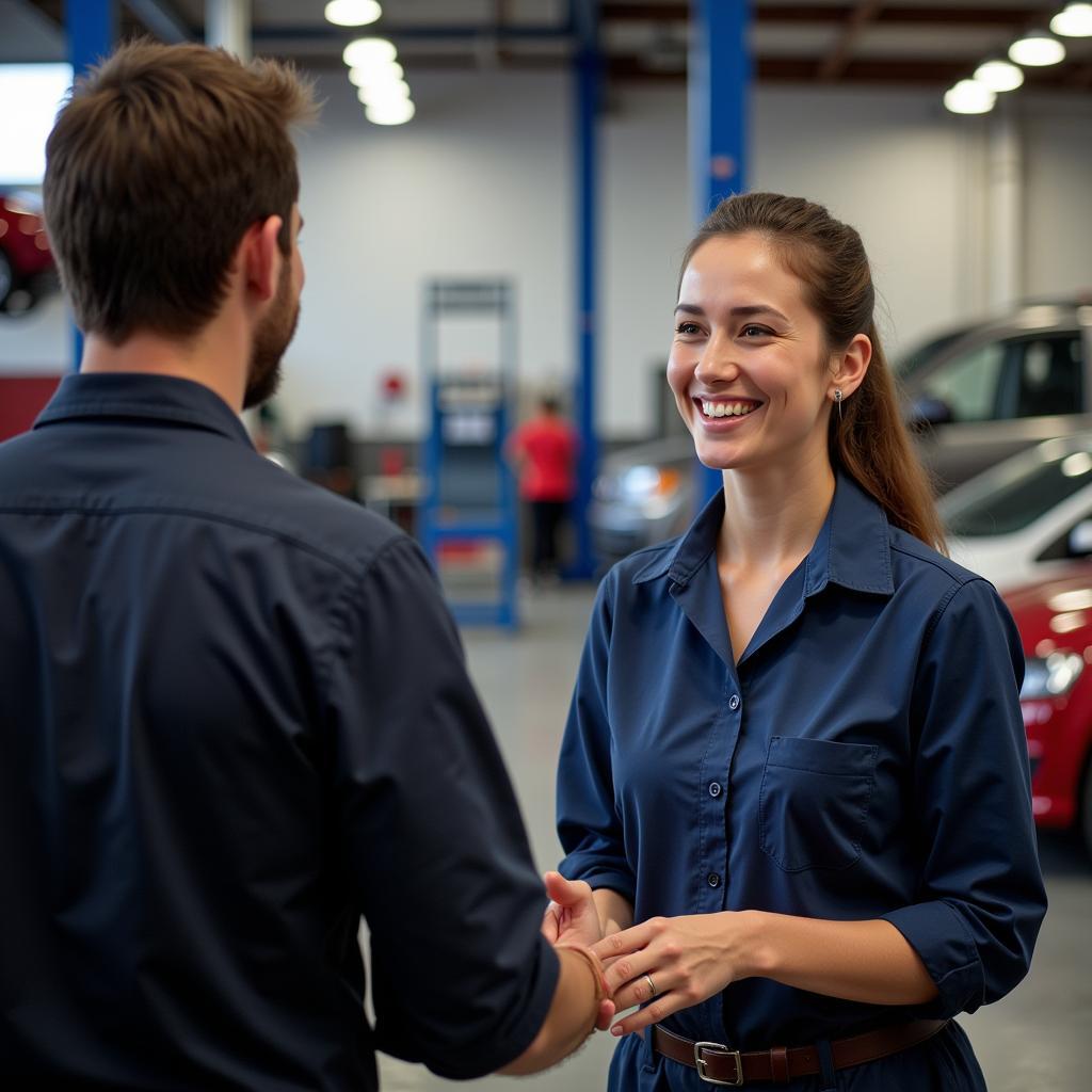 An assistant auto service advisor greets a customer in a busy auto shop.