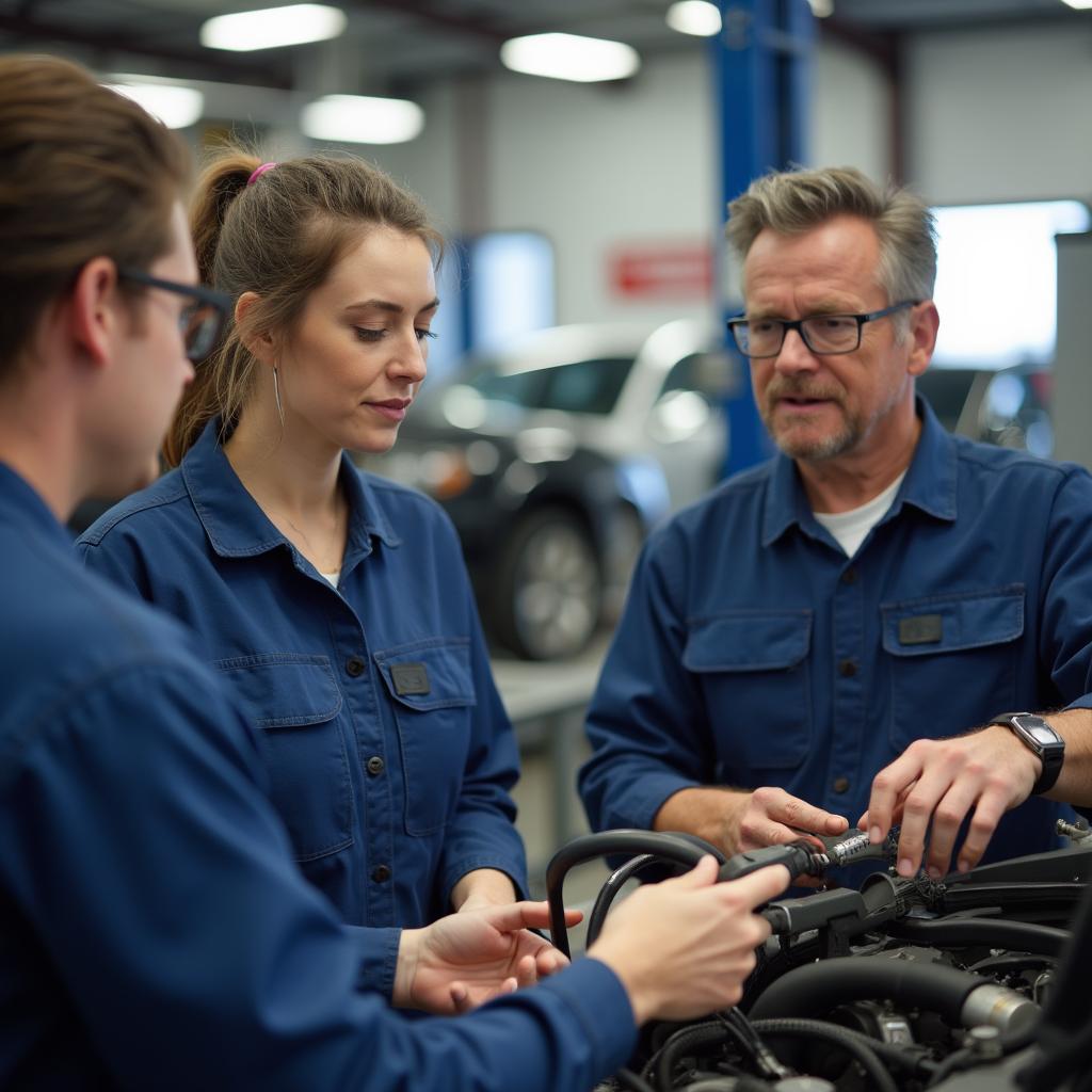 Assistant auto service advisor undergoing training at a car dealership